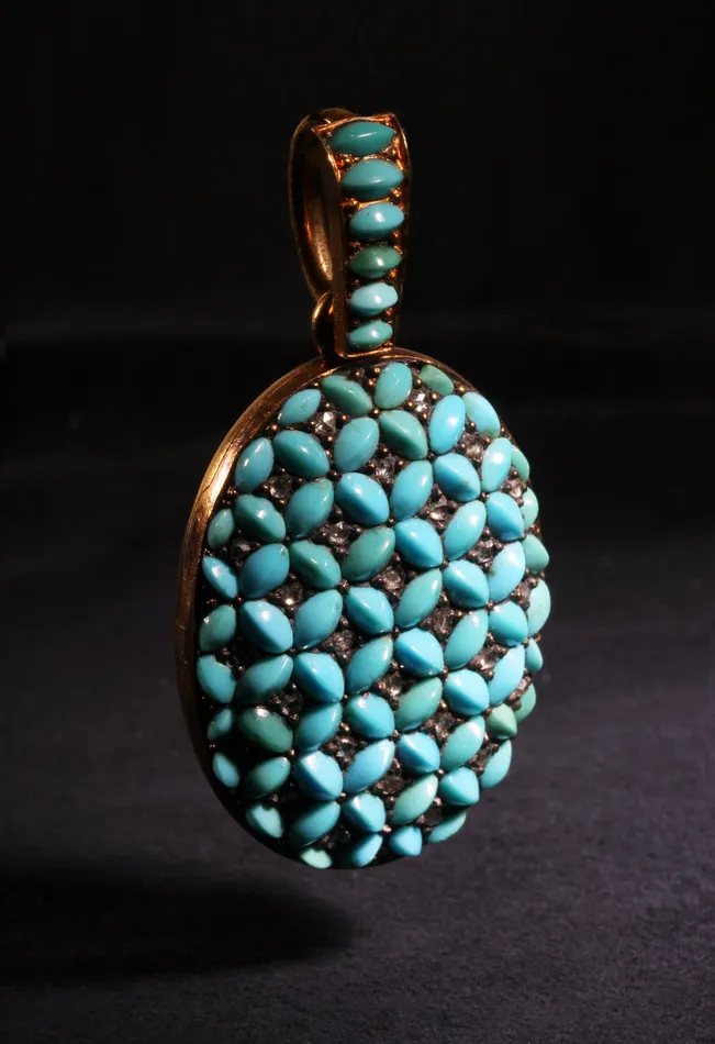 Bell Bird Antiques Necklaces French Turquoise and Diamond Locket