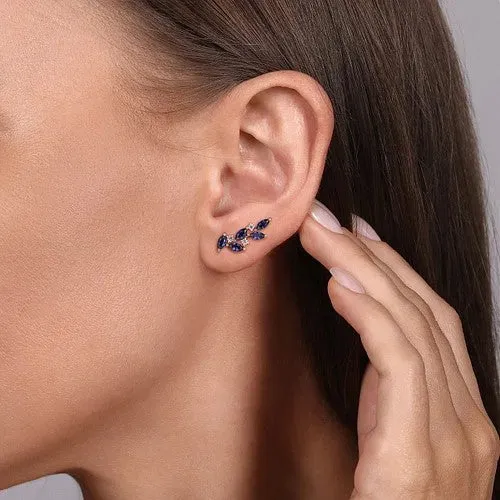 GABRIEL CO Earrings 14K White Gold Diamond and Blue Sapphire Olive Branch Climber Earrings