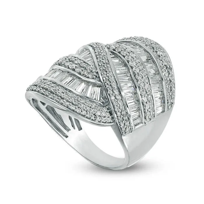 5 CT TW Baguette and Round Natural Diamond MultiRow Bypass Ring in Solid 14K White Gold Goldia Rings