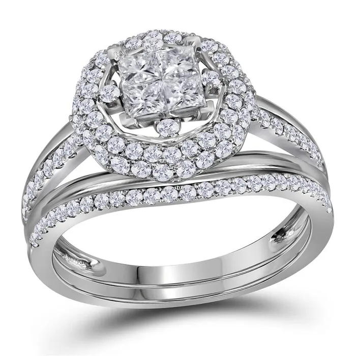 gndatlanta Rings 14k White Gold Princess Diamond Halo Bridal Wedding Ring Set 1 Cttw