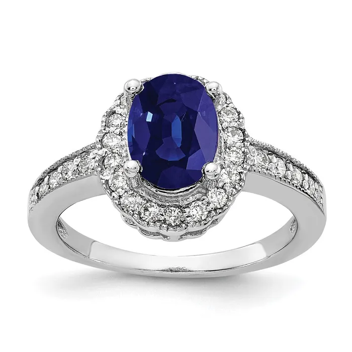 Goldiacom Rings 14k White Gold 8x6mm Oval Sapphire AAA Real Diamond ring