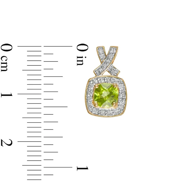Goldia Earrings 50mm CushionCut Peridot and 025 CT TW Diamond Frame X Drop Earrings in 14K Gold
