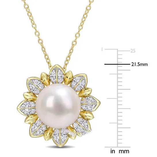 JMS always Necklaces Original AMOUR 859 Mm Cultured Freshwater Pearl and 1 CT TGW White Topaz Floral Pendant with Chain In Yellow Plated Sterling Silver JMS always Necklaces Original AMOUR 859 Mm Cultured Freshwater Pearl and 1 CT TGW White Topaz Floral Pendant with Chain In Yellow Plated Sterling Silver