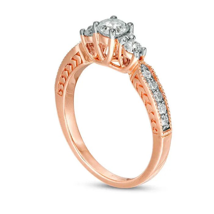 Rings 075 CT TW Natural Diamond Three Stone Antique VintageStyle Engagement Ring in Solid 10K Rose Gold Goldia