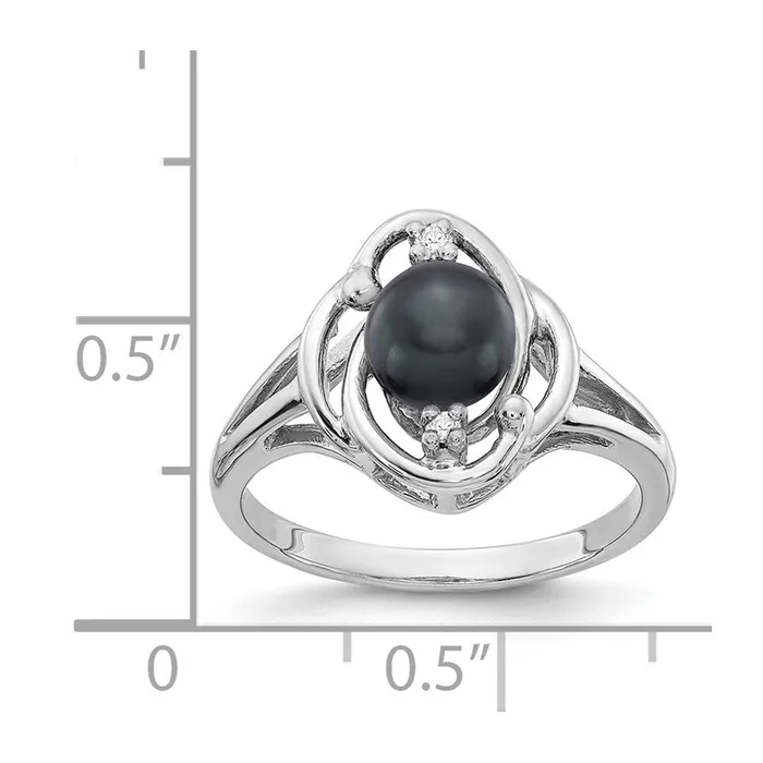Rings 14k White Gold 6mm Black FW Cultured Pearl AA Real Diamond ring Goldia