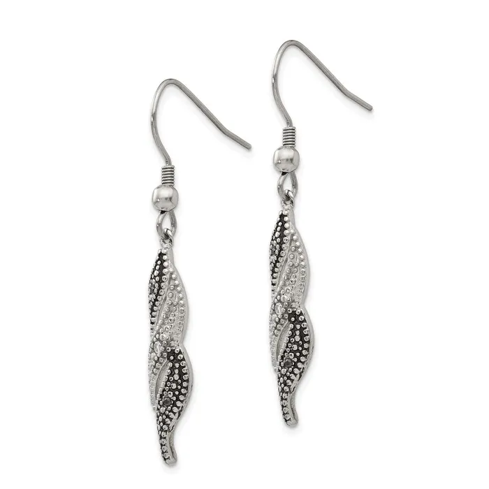 Earrings TreasureFineJewelers Stainless Steel Antiqued and Polished CZ Dangle Shepherd Hook Earrings