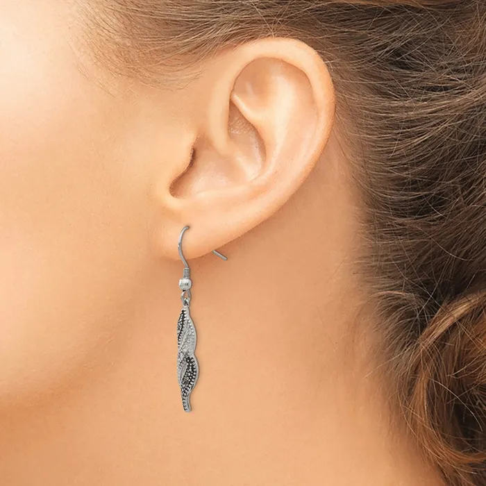Earrings TreasureFineJewelers Stainless Steel Antiqued and Polished CZ Dangle Shepherd Hook Earrings