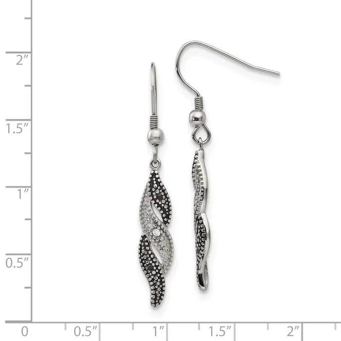Earrings TreasureFineJewelers Stainless Steel Antiqued and Polished CZ Dangle Shepherd Hook Earrings