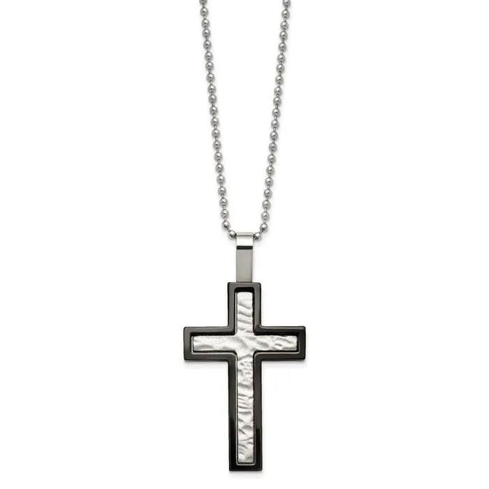 Necklaces TreasureFineJewelers Chisel Stainless Steel Brushed and Polished Hammered Black IPplated Cross Pendant on a 24 inch Ball Chain Necklace
