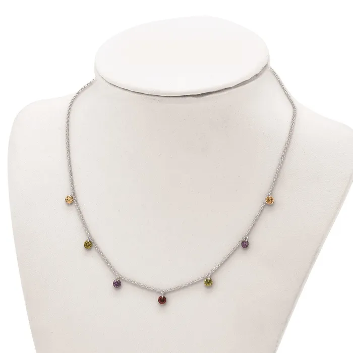 Necklaces TreasureFineJewelers Prizma Sterling Silver Rhodium Plated 16 inch Dangling Colorful CZ Necklace with 2 inch Extender
