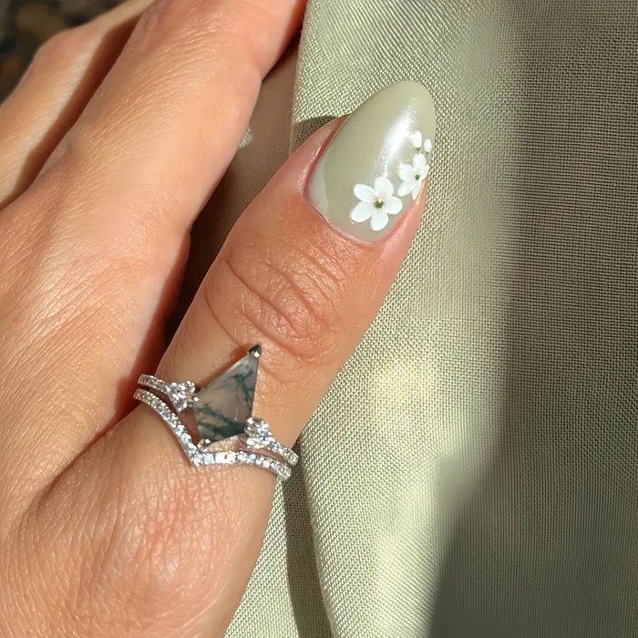 Rhombic Cubic Zirconia Moss Agate Engagement Layer Ring Trendolla Jewelry Rings