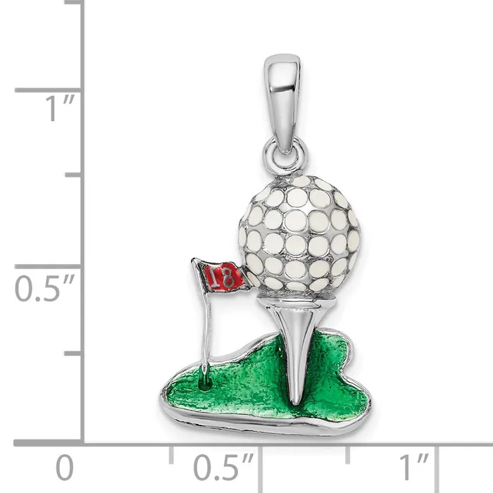 TreasureFineJewelers Necklaces Sterling Silver Polished Enameled Golf Ball on Tee Pendant