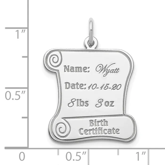 TreasureFineJewelers Rings Sterling Silver Rhodiumplated Personalizable Birth Certificate Charm