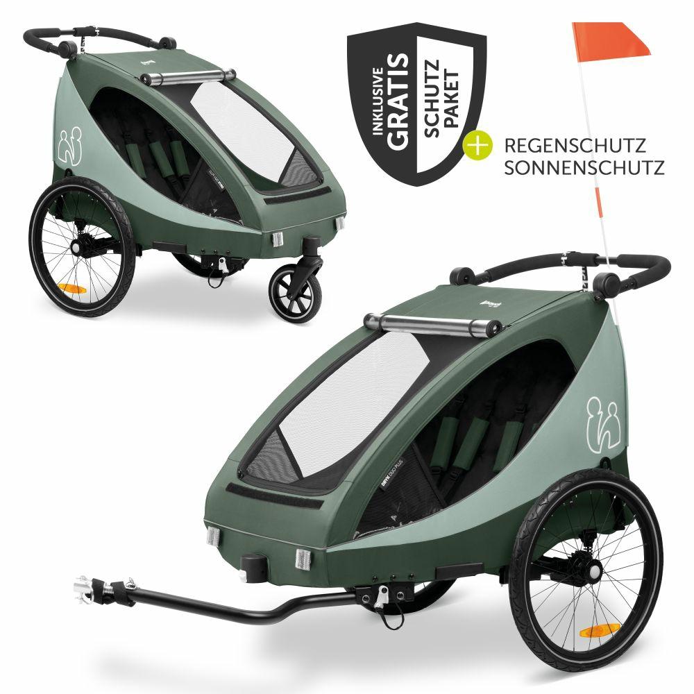 Fahrradanhänger |   2In1 Fahrradanhänger Dryk Duo Plus Für 2 Kinder (Bis 44 Kg) – Bike Trailer & City Buggy – Inkl. Gratis Schutzpaket – Dark Green – Kollektion 2024 Fahrradanhänger Fahrradanhänger