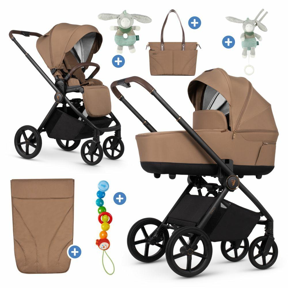 Kinderwagen |   2In1 Kombi-Kinderwagen Claro Bis 22 Kg Mit Babywanne, Sportsitz, Teleskopschieber, Liegeposition Inkl. Regenschutz, Beindecke, Schnullerkette, Spieluhr, Greifling & Wickeltasche – Caramel Kinderwagen Caramel