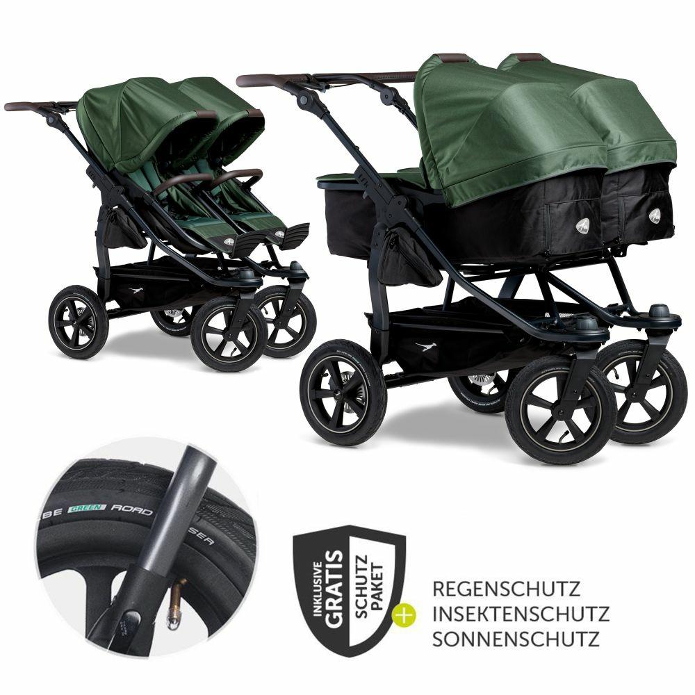 Kinderwagen |   Geschwister- & Zwillingskinderwagen Duo 2 Mit Luftreifen – 2X Kombi-Einheit (Wanne+Sitz) Mit Liegeposition & Xxl Zamboo Zubehör – Olive – Kollektion 2024 Kinderwagen Kinderwagen