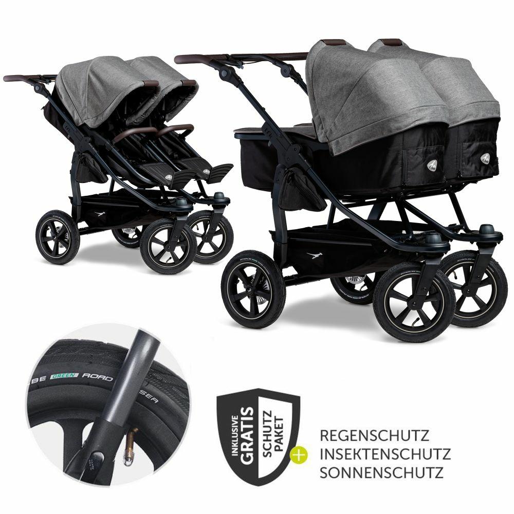 Kinderwagen |   Geschwister- & Zwillingskinderwagen Duo 2 Mit Luftreifen – 2X Kombi-Einheit (Wanne+Sitz) Mit Liegeposition & Xxl Zamboo Zubehör – Premium Grau – Kollektion 2024 Kinderwagen Kinderwagen