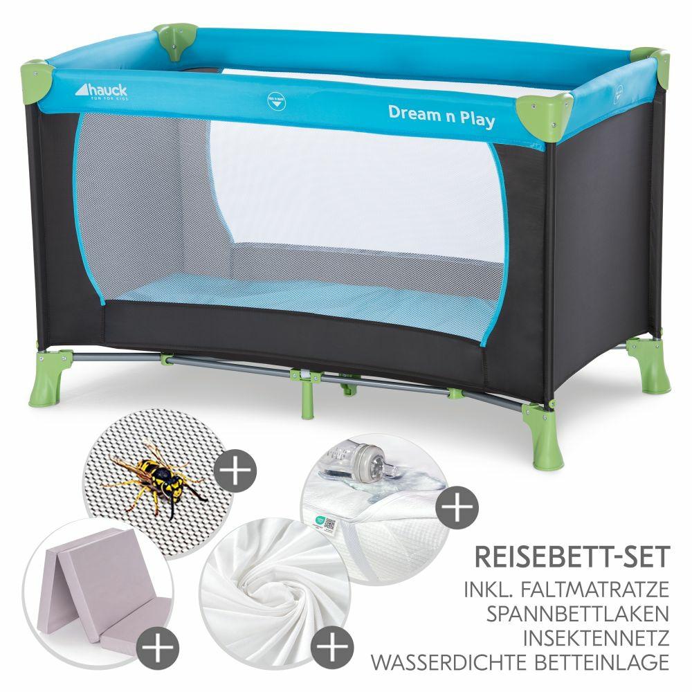 Reisebetten & Zubehör |   Reisebett Xxl-Sparset – Dream`N Play Inkl. Alvi Reisebett-Matratze + Wasserdichte Betteinlage + 2 Spannbettlaken + Insektenschutz – Waterblue Reisebetten & Zubehör Reisebetten & Zubehör