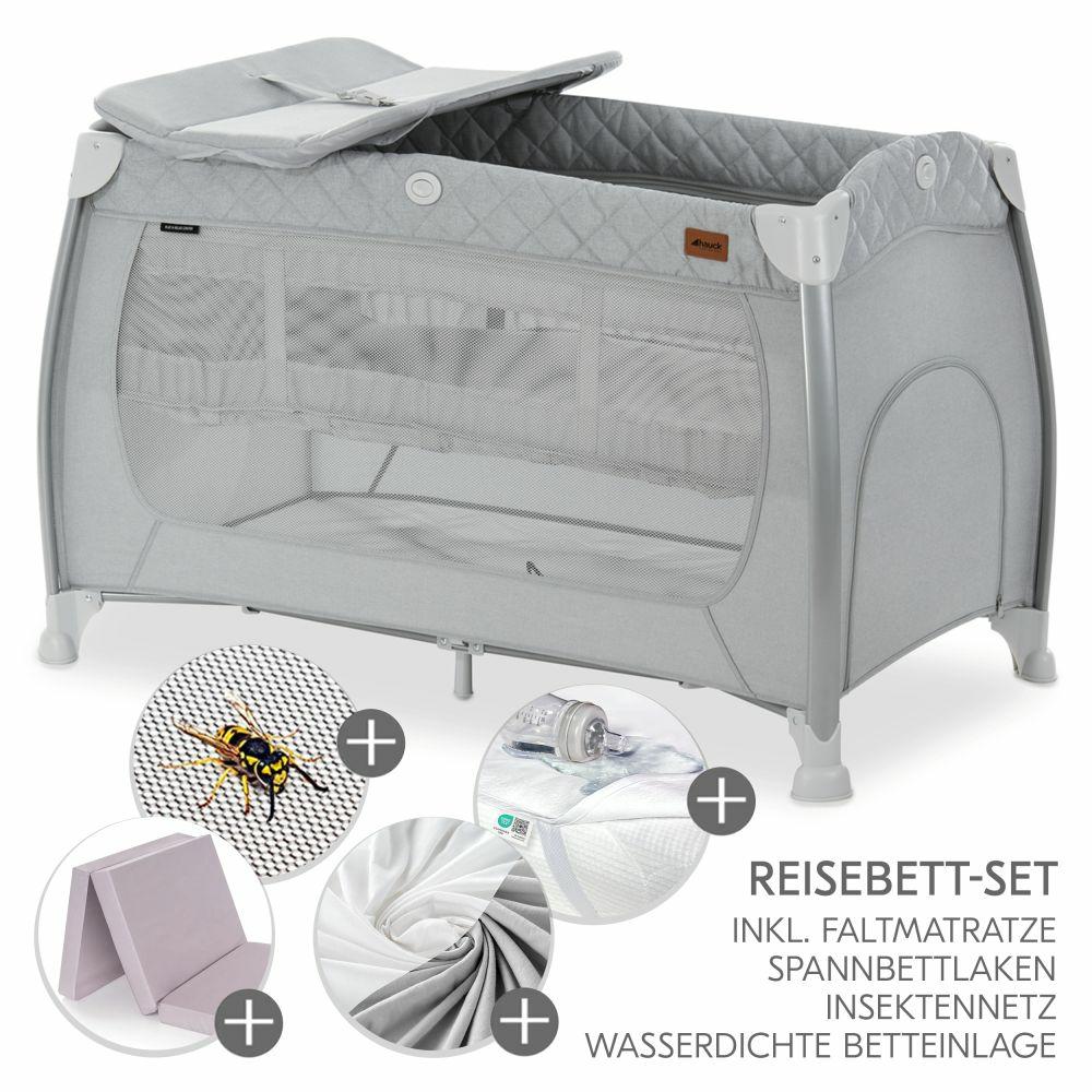 Reisebetten & Zubehör |   Reisebett Xxl-Sparset – Play N Relax Center Inkl. Alvi Reisebett-Matratze + Wasserdichte Betteinlage + 2 Spannbettlaken + Insektenschutz – Quilted Grey Reisebetten & Zubehör Melange Black