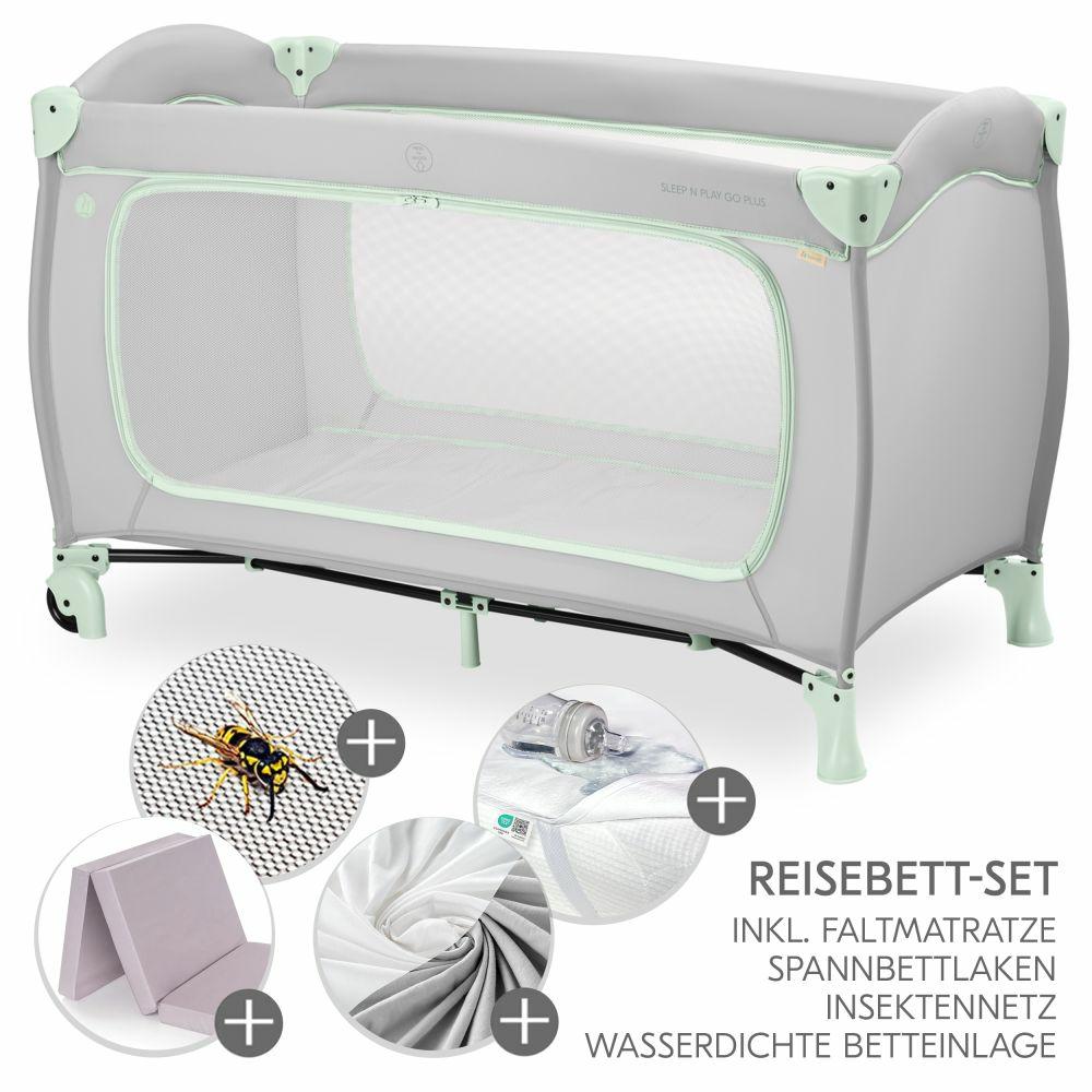 Reisebetten & Zubehör |   Reisebett Xxl-Sparset – Sleep N Play Go Plus Inkl. Alvi Reisebett-Matratze + Wasserdichte Betteinlage + 2 Spannbettlaken + Insektenschutz – Dusty Mint Reisebetten & Zubehör Beige